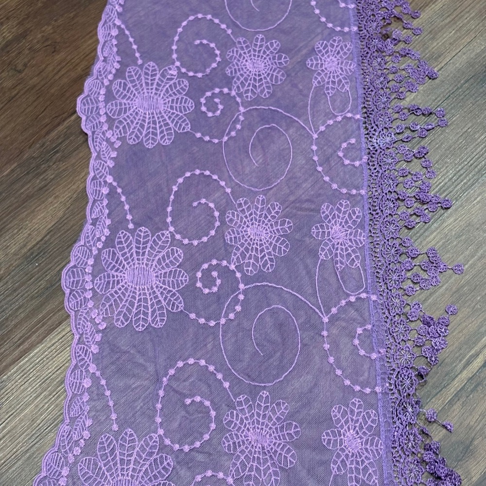 VTG Purple Floral Embroidered Mesh Scarf Sheer Lace Shawl Wrap Crochet Fringe